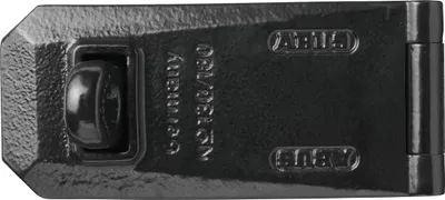 A black metal security hasp lock, viewed from the top.