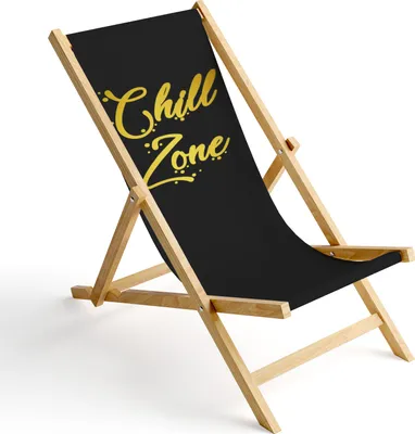 A black sling chair with "Chill Zone" text in gold, set against a white background.
