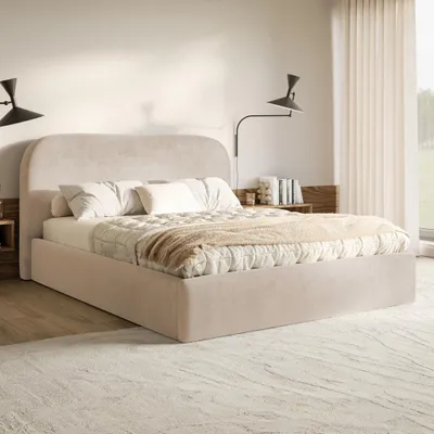 Produktbild von MOTIVENA Mono Polsterbett 180x200 mit Bettkasten, Holz Lattenrost, Bett 180x200 Beige Samt (Amor 04)