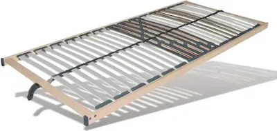 A wooden bed frame with flexible slats.