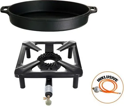 Produktbild von Hockerkocher-Set (klein) mit Gusseisenpfanne Ø 40 cm inkl. Gasschlauch & Regler