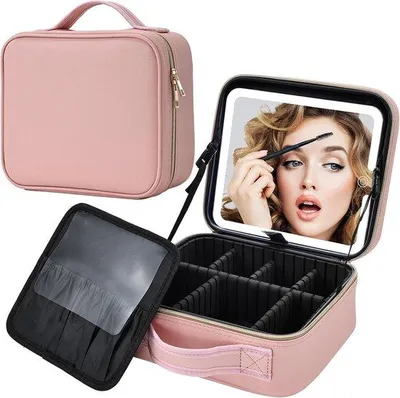 Produktbild von Kosmetikkoffer mit LED-Spiegel – schwarz/rosa – verstellbare Helligkeit – für ein perfektes Make-up-Erlebnis