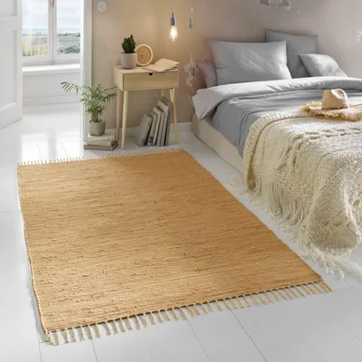 Produktbild von Flicken-Teppich 100% Baumwolle I Waschbarer Fleckerl mit Fransen I Esszimmer Küche Badezimmer Wohnzimmer Kinderzimmer | Beige