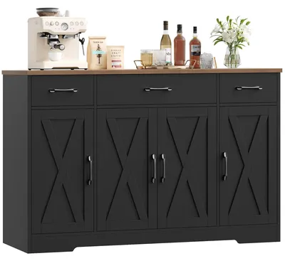 Immagine prodotto di Credenza - Credenza da cucina - Larghezza 140 cm - 3 cassetti - 4 ante - 2 ripiani regolabili - Nero