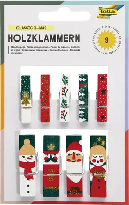 Produktbild von folia 22955 Holzklammern 9 Stück X-Mas Weihnachtsmotive