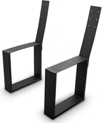 Two black metal table legs with a square base and an angled top support.