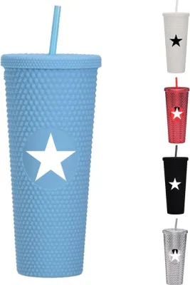 Produktbild von Reisbecher mit Trinkhalm und Deckel, 710 ml wiederholbarer doppelwandiger Kunststoffbecher, Kaffee- und Eisbecher, tragbarer Reisebecher für Kaffee, Wasser, Saft - blau