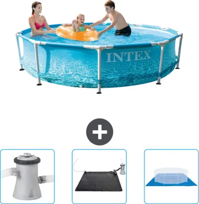 Produktbild von Intex-Schwimmbecken mit rundem Rahmen – 305 x 76 cm – Wasserdruck – im Lieferumfang enthalten Filterpumpe für Schwimmbad - Solarmatte - Bodenplane
