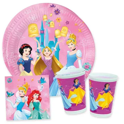 Produktbild von Einweggeschirr Disney Princess Geburtstagsdeko Partyset Kindergeburtstag Cinderella, Arielle 52 tlg.