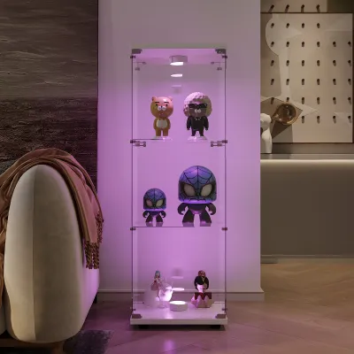A glass display cabinet with LED lighting, showcasing various collectible figures.