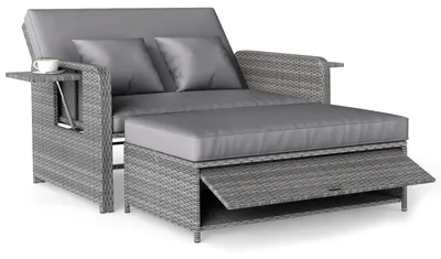 Produktbild von COSTWAY Polyrattan Sonnenliege, Gartenliege mit verstellbarer Rückenlehne & ausklappbarem Seitenablage, Loungebett, Doppelliege Gartensofa Grau