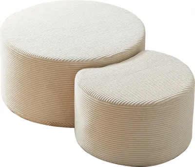 Two upholstered ottomans of different sizes, placed next to each other on a white background.