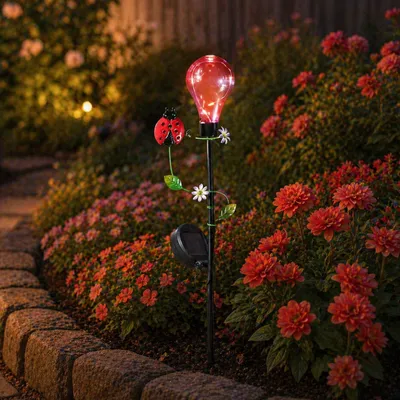 Produktbild von LED Solar Gartenstecker Glühbirne mit Marienkäfer - 5 warmweiße LED - H: 84cm - Lichtsensor