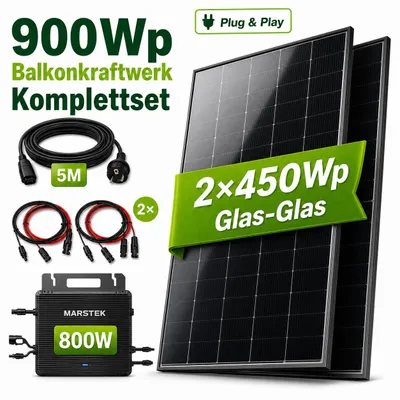 Produktbild von GreenSun Solar 900W Balkonkraftwerk Bifazial Module mit MARSTEK 800W Wechselrichter, PV Solaranlage, 5m Kabel