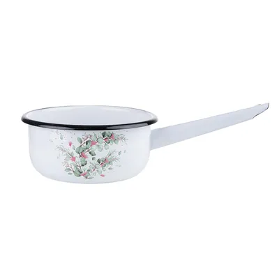 Produktbild von Emalia Rybnik Stieltopf 1,5 L Emaille – Eukalyptus Motiv, Milchtopf mit Griff, Kochtopf für Induktion und alle Herdarten, ohne Deckel