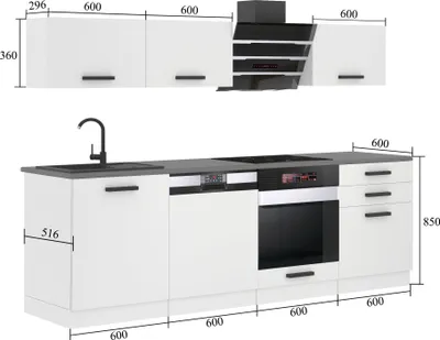 Image de Belini Cuisine bloc Linda - Meubles de cuisine 240 cm Cuisine équipée sans appareils électroménagers avec placards et armoires basses, sans plans de travail, noir brillant