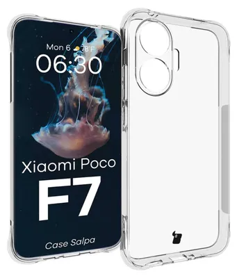A clear phone case is shown next to a phone displaying a jellyfish wallpaper.