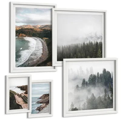 Produktbild von Bilder Set 5-teilig im weißen Rahmen – Wandbilder 5 Stück – gerahmte Poster für Wohnzimmer, Schlafzimmer und Flur – 50x50 cm - 40x60 cm – Klippenblicke, Strandlandschaften
