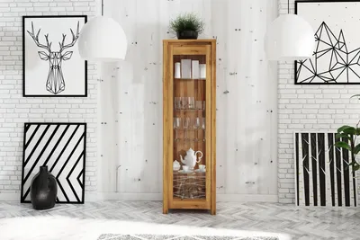Produktbild von Vitrine Tinci aus Wildeiche massiv 55x45x180 mit 1 Glastür und Holzbeinen