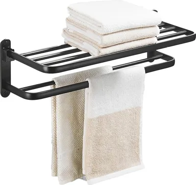 Produktbild von Handtuchhalter, Wandmontierter Handtuchhalter ohne Bohren, 2 Handtuchstangen, Aluminium Bad-Handtuchhalter, Matt-Schwarz, 58 cm, ideal für Badezimmer.