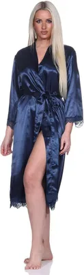 Obrázek produktu pro Dámský župan Kimono Saténový župan s krajkou; tmavě modrý/S