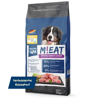 A bag of dog food with a picture of a dog and ingredients.