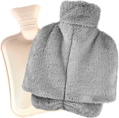 Productafbeelding van Voetwarmers, warmwaterkruik, 2 liter, grote voetenwarmwaterkruik, voetenwarmer zonder stroom, warmwaterkruik met overtrek en zachte dons