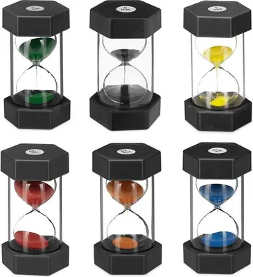 Produktbild von Sanduhr Set XXL - 6 verschiedene Zeiten - 1, 3, 5, 10, 15 & 30 Min - bruchsicher - bunt