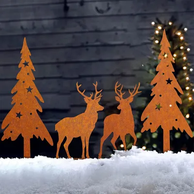 Produktbild von 4 Stück Gartenstecker Beetstecker 2X Elch + 2X Weihnachtsbaum Rost Deko Weihnachten Herbst Winter Weihnachten Außen für Garten Terrasse Töpfe