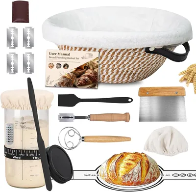 Produktbild von Sauerteig Starter Set, 700ml Sauerteig Glas, Baumwollseil Runde Gärkörbchen für Brot Gärkorb Brot mit Liner & Abdeckungen, Geschenk für Bäcker & Complete Sauerteig Brot backen Set