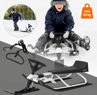 Obrázek produktu pro ECD Germany Řídicí sáňky bílé pro děti od 5 let do 90 kg, sáňky s volantem, nožní brzdou, tažným lanem, sedátkem s opěradlem