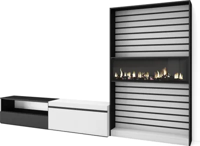 Produktbild von Wohnwand Wohnzimmer, 310x35x186cm, Für TV-Geräte bis zu 80", Elektrokamin XXL, Weiß und Schwarz