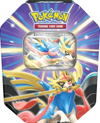 A Pokemon trading card game tin featuring Zacian EX.
