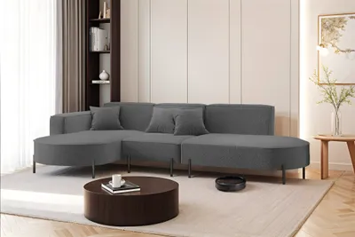 Produktbild von Ecksofa Designersofa VALENCIA in Stoff Quelle Dunkelgrau Ottomane Links