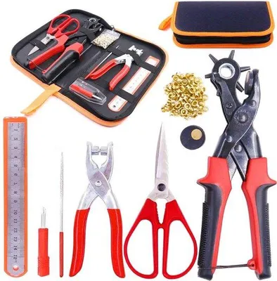 Productafbeelding van Famanu set voor het maken van gaatjes - Verstelbare metalen tang met accessoires