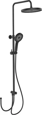A black shower system with a rain shower head and a handheld shower head, shown against a white background.