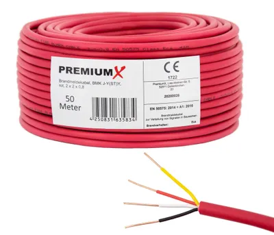 Produktbild von PremiumX 50m Brandmeldekabel BMK J-Y(ST)Y 2x2x0,8 Eca Fernmeldekabel rot
