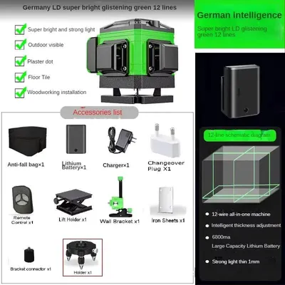 Zdjęcie produktu dla Laser liniowy 4D – samopoziomujący, 12-liniowy laser krzyżowy – 360° w poziomie i pionie – profesjonalny laser budowlany – z akumulatorem – kolor zielony
