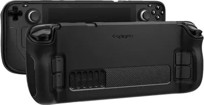 A black protective case for a handheld gaming device is shown from two angles.