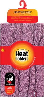 A product image showing a pair of knitted neck warmers in pink/purple, with packaging and branding visible.