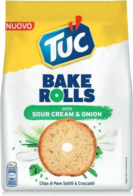 Produktbild von 6x Tuc Bake Rolls, dünne und knusprige Brotchips mit Sauerrahm- und Zwiebelgeschmack 150 g