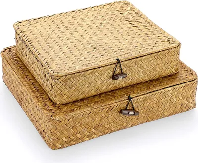 Produktbild von Gewebte Rattan Aufbewahrungskörbe mit Deckel - Set von 2 - natürliche Seegras-Mandboxen - Karamell