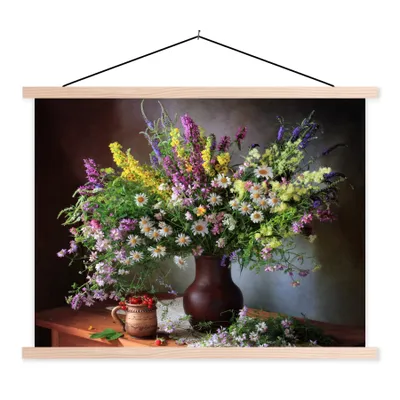 Produktbild von MuchoWow® Textilposter Blumen - Tisch - Stilleben - Blumenstrauß - Vase 40x30 cm mit holzfarbenen Rahmen - Bilder