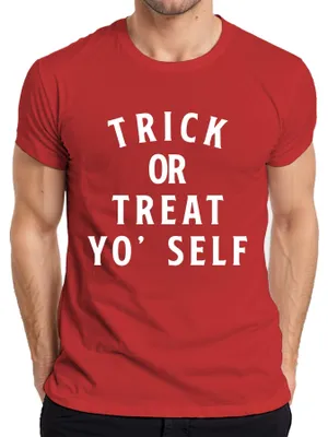 Zdjęcie produktu dla TRICK OR TREAT YO' SELF Halloweenowe powiedzenie Śmieszny prezent Impreza Koszulka męska, Czerwony, M