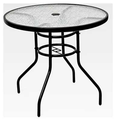 Produktbild von Runder Gartentisch mit Schirmloch, Balkontisch mit Glasplatte und Metallrahmen, Terrassentisch, Beistelltisch, Bistrotisch für Garten und Terrasse