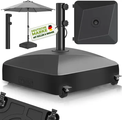 Immagine prodotto di tillvex® Supporto per ombrellone GRAVIA con rotelle e freni Nero | Supporto per ombrellone riempibile 37 litri / 56 kg | Peso ombrellone e ombrellone da mercato Ø 1,8-3,7 m | Supporto per ombrellone a braccio laterale resistente alle intemperie