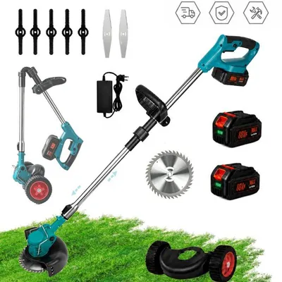 Produktbild von Akku-Rasentrimmer, Akku-Unkrautvernichter mit 2 Akkus, Rasenkantenschneider, leichter Freischneider für Garten und Hof, mit Rädern schiebbar