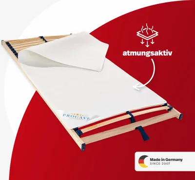 A mattress protector laid on a wooden bed frame, with a graphic overlay indicating breathability.