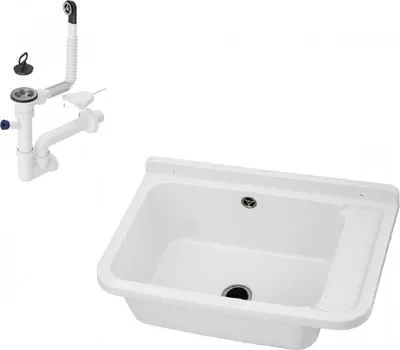A white sink basin and its plumbing components are displayed against a white background.