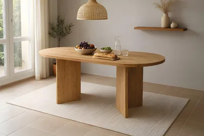 Produktbild von Esstisch oval mit gerader Kante 204x90 cm Akazienholz massiv Natur V-Gestell aus Holz LAURIE